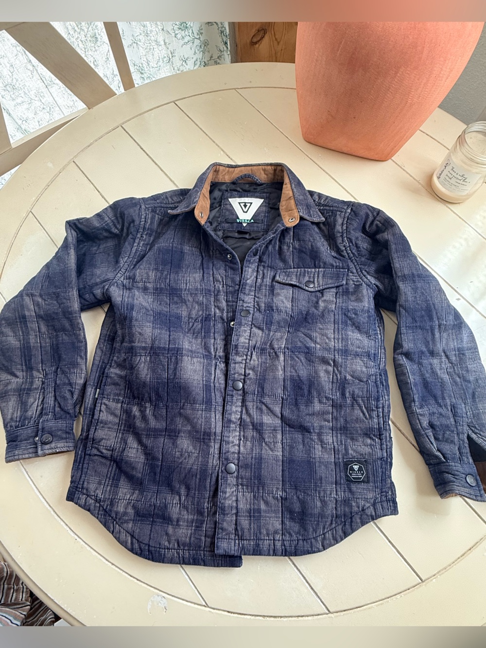 VISSLA Navy Plaid Lightweight Shirt Jacket with Brown Collar Trim